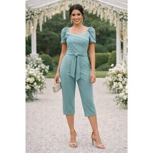 Women’s ILLI London Jumpsuit Medium Teal Aqua Tie Waist Puff Sleeve Elegant